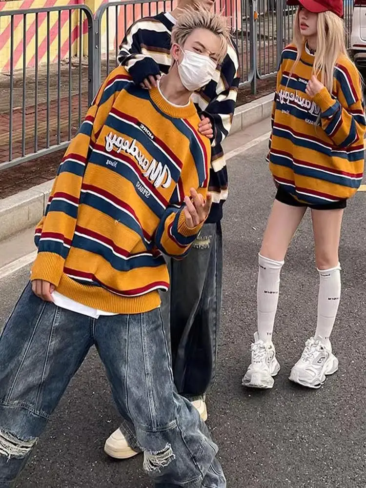 American Fashion Brand Retro Letters Contrast Color Stripe Round neck sweater Men's and Women's Autumn Winter Lazy Loose ...