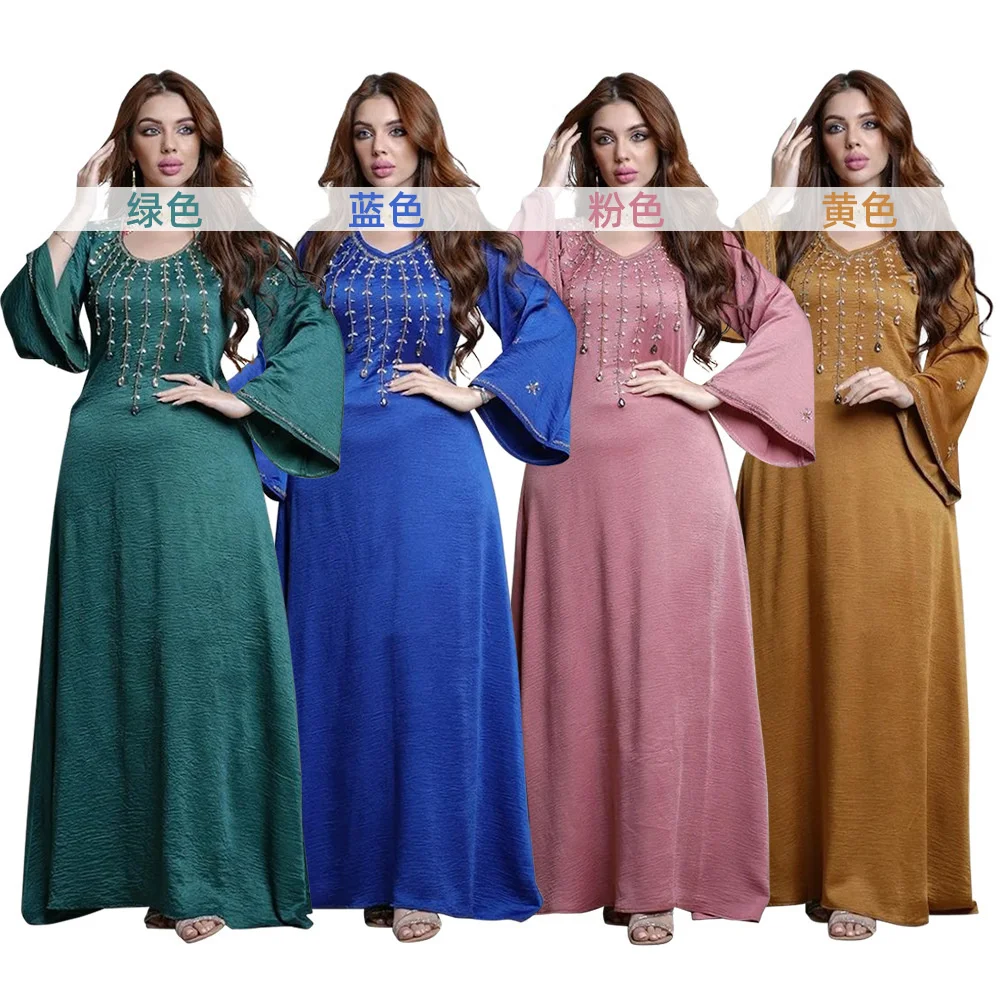 

Muslin Dress Dubai Turkey New Dress Flare Sleeve With Diamond V-neck Loose Robe Ramadan Middle East Long Dress Elegant Evening
