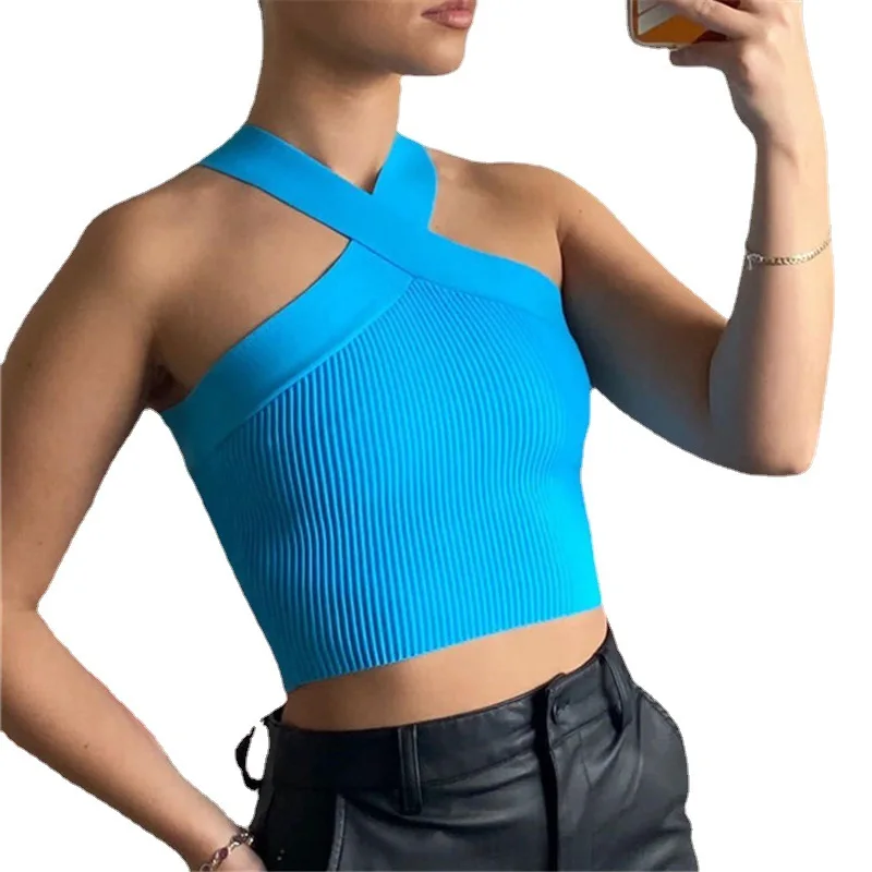 

2022 Spring and Summer New Cross Halter Sling Vest Knitted Backless Bandage Tube Top Sweater Women's Clothing