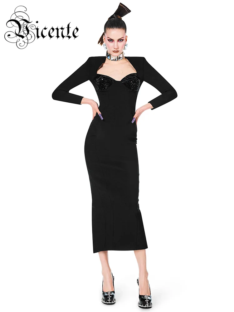 VC Classic Black Midi Dress Women Elegant Square Collar With Long Sleeve Bandage Evening Party Dress 2022 Autumn Winter