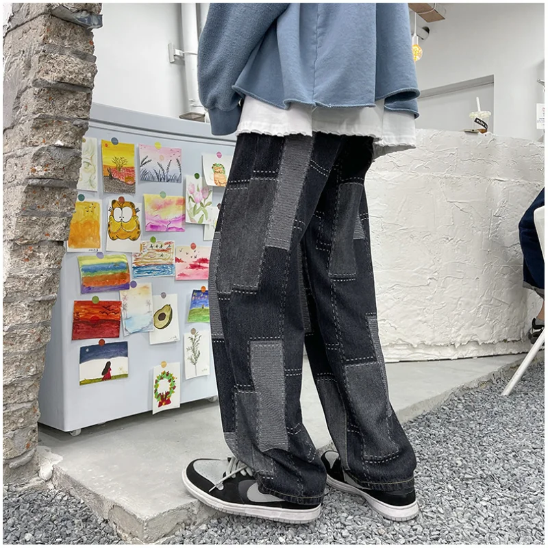 DEEPTOWN Patchwork Jeans Straight Leg Denim Trousers Male Black Blue Streetwear Fashion Pants for Men Youth Loose Casual Hip Hop