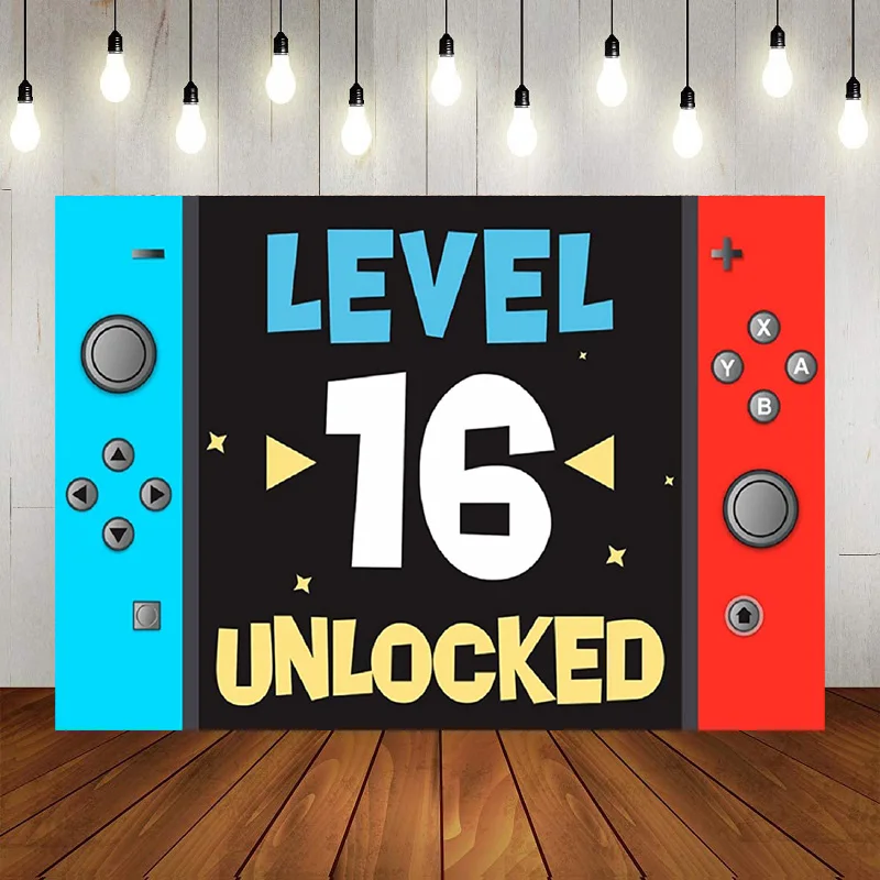 

Unlocked Happy 16th Birthday Level Up Banner Backdrop Background Photography Video Game Youth Theme Favors Supplies Decorations