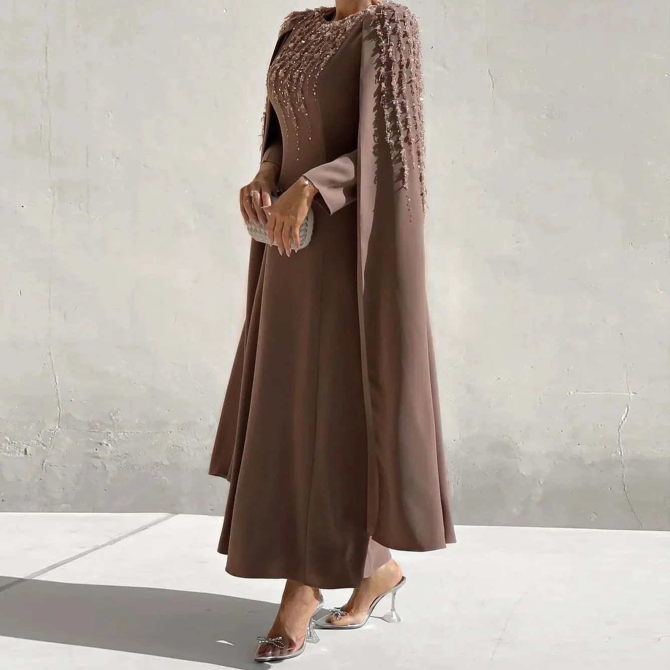 

ROSELLA O-neck Fashion Beadings A-line Ankle Length Ribbon Long Sleeves Zipper Up Women Evening Dress Prom Gown New 2023