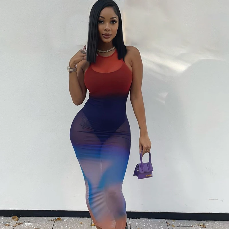 

Gradient Color Women Beach Dress Bodycon Sleeveless Y2K 2022 Casual Summer Holiday See-through Sexy Mini Dresses Party vestidos