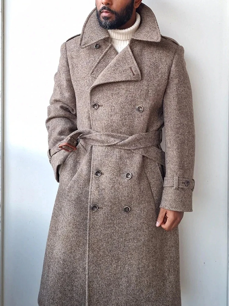 Brown Men's Jacket Long Herringbone Wool Vintage Gentleman Steampunk Formal Social Custom Outer Coat
