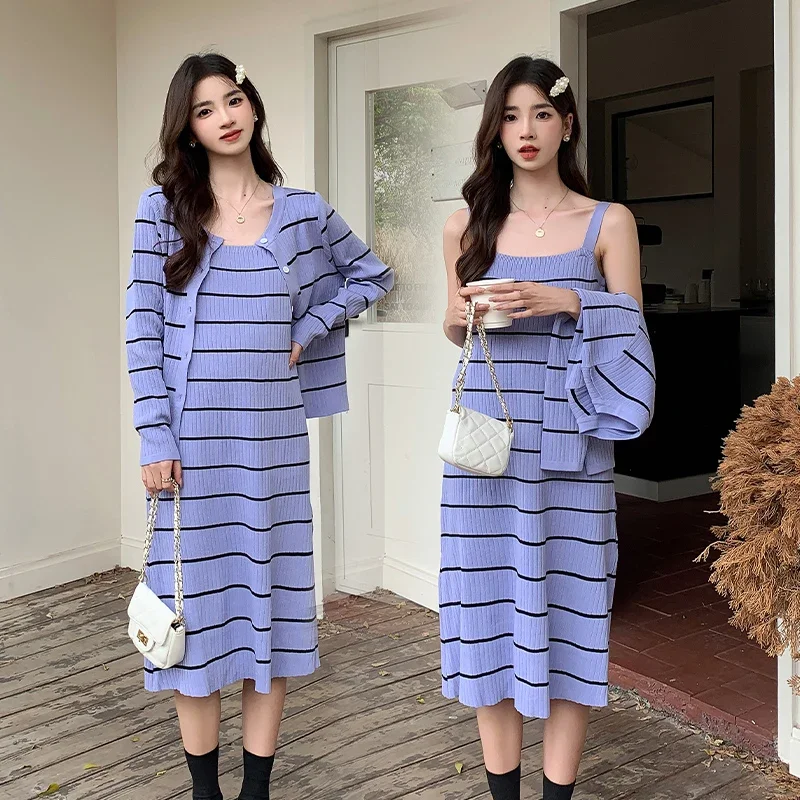 Осенний комплект одежды для беременных полосатые вязаные кардиганы с длинными