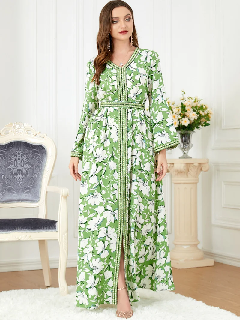 Floral Printed Abaya Long Dress for Women Hem Split Muslim Arabic Evning Dresses  Moroccan Kaftan Eid Ramadan Dubai Abayas