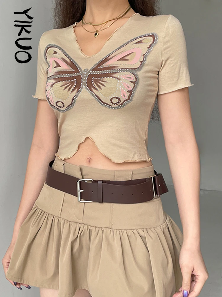 

YIKUO y2k Butterfly Crop Top Skin Vintage Short Sleeve O Neck T Shirt Women Cute Sweet Harajuku Tee Summer New Pullovers 90s