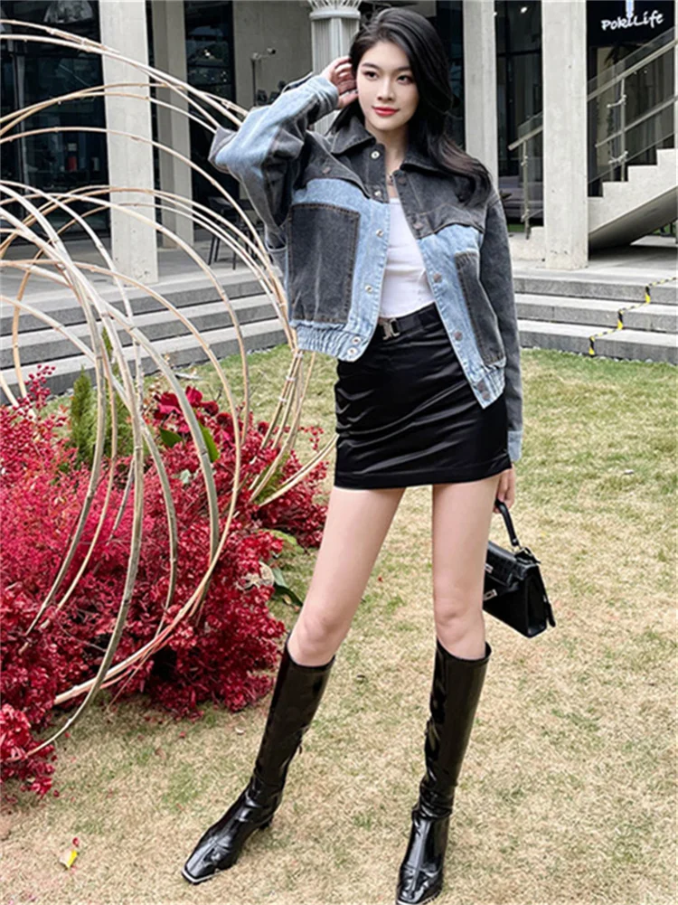 

Women's Two-piece Set 2022 AutumnTrend Two-Color Stitching Thick Coat High Waist Straight Trousers Washed Retro Denim Jacket y2k