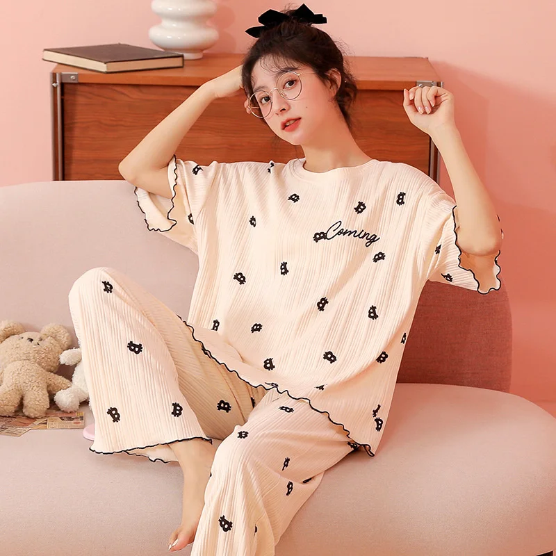 New Style Pajamas Women's Summer Short Sleeved Trousers Pure Cotton  Cartoon Cute Girl Loose Large Home Clothes Suit
