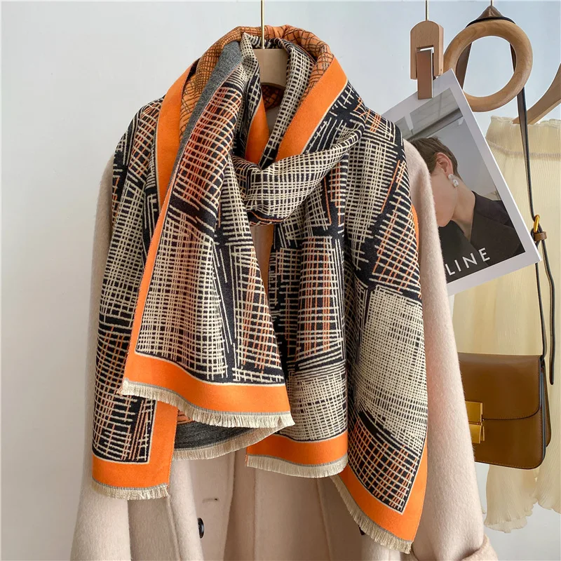 

2022 Plaid Scarf Winter Warm Cashmere Women Long Pashmina Foulard Female Luxury Scarves Lady Shawl Wraps Blanket Fashion Poncho