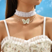 2022 summer new korean simple and exquisite lace butterfly layered necklace for women creative niche collarbone pendant jewelry