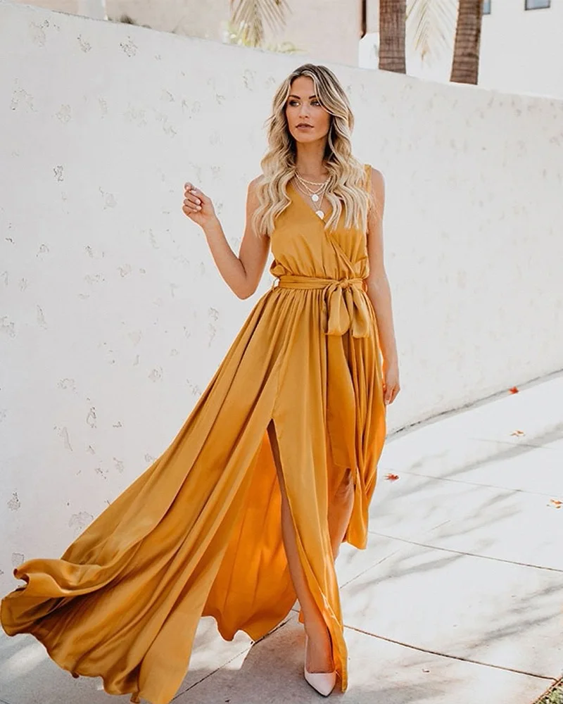 

Fashion sexy V-neck slit dress ladies chiffon ruffled long skirt spring and autumn new style elegant temperament slim waist slim