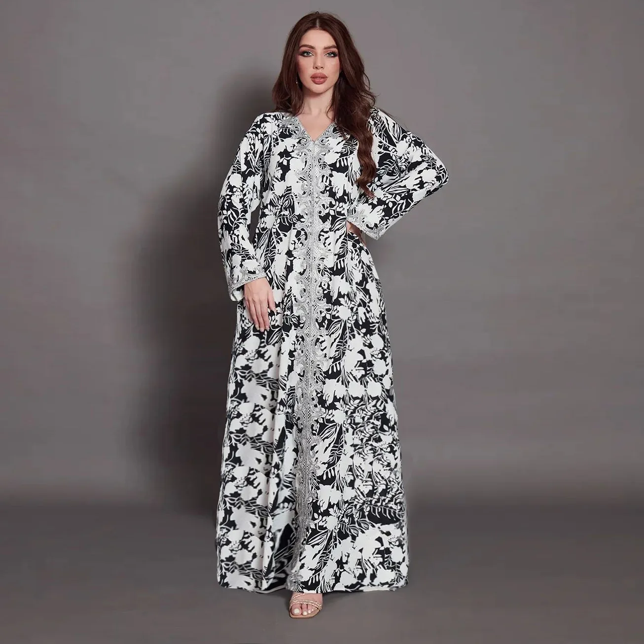 Dubai Luxury Islamic Clothing Puff Sleeve Women Muslim Dress Black and White Flores Printed Long Jalabiya Abaya Femme Musulman