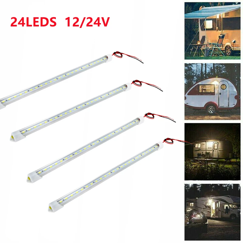 

4PCS 12V 24V 24LED Car Interior Light Bar Bright White Light Tube with Switch for RV Camper Boat Van Lorry Truck Caravan