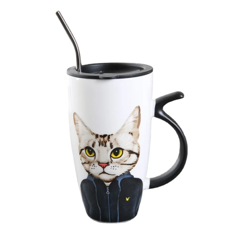 

Korean Cat Ceramic Cute Water Cup Spoon Straw with Cover Creative Large Capacity Milk Drinking Water Coffee Office Home Mug