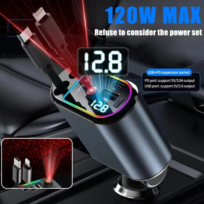 

Автомобильное зарядное устройство 4 в 1, 120 Вт, выдвижной автомобильный адаптер прикуривателя USB Type C, кабель для быстрого зарядного устройства для IPhone Xiaomi Huawei Samsung