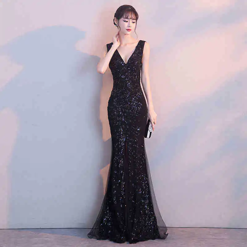 Evening Dress 2022 New Banquet Party Elegant Black Slim Sexy V-Neck Sequins Female Long Bag Hip Fishtail