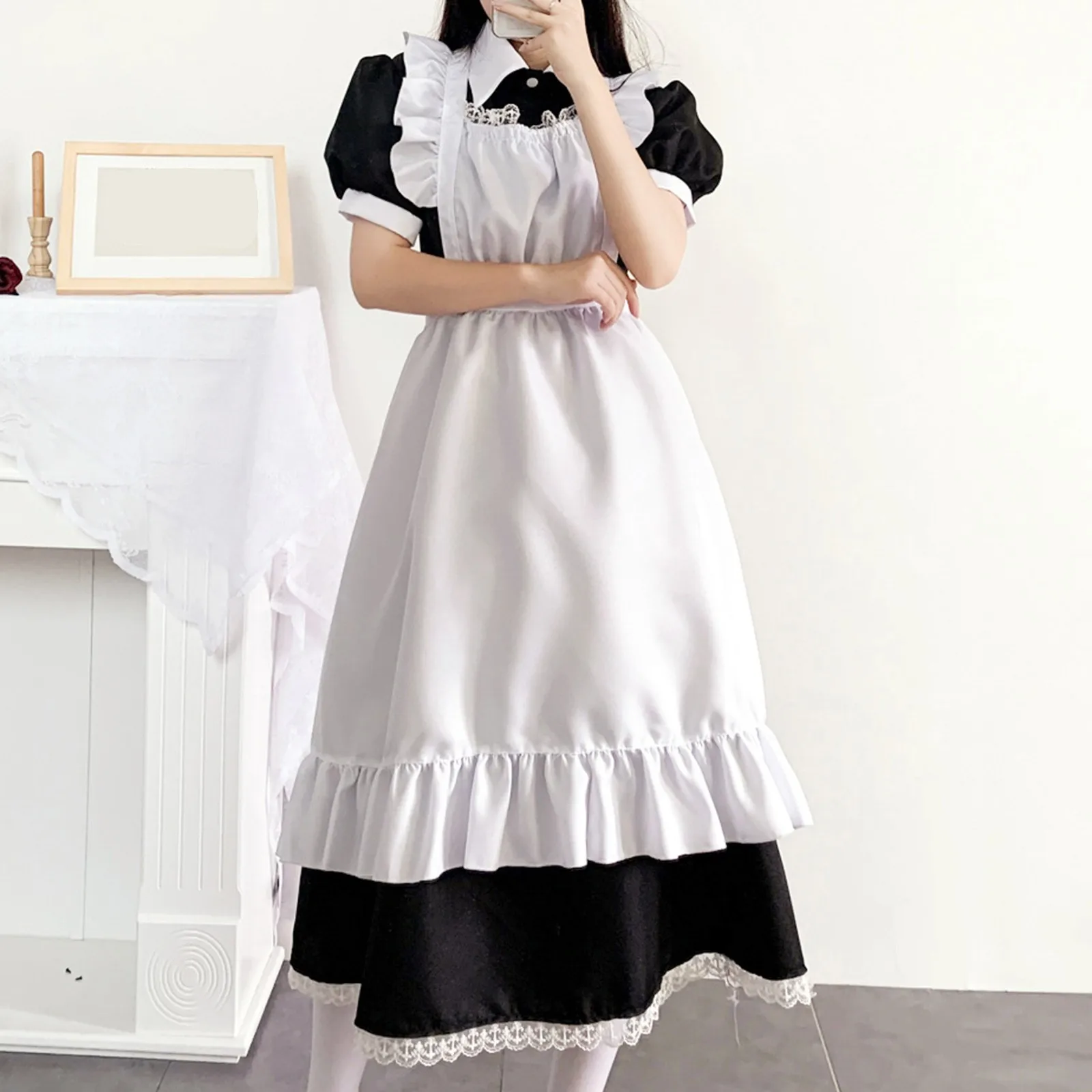

Women Cute Maid Dress A-Line Apron Maid Outfit Dress Cross Strap Housekeeper Dress Uniforms Halloween Cosplay Costume Clothing