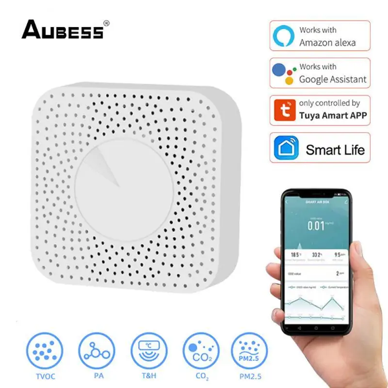 

Tuya WIFI Smart Air Box Carbon Dioxide Detector CO2 Gas Sensor Formaldehyde VOC Temperature Humidity Sensor App Control
