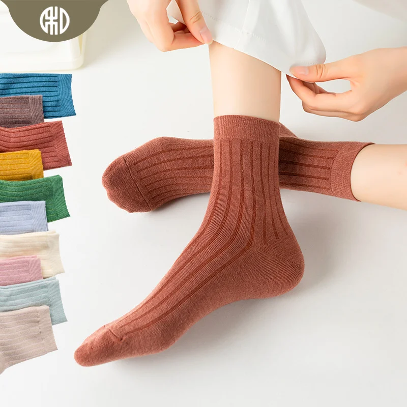 5 Pairs Lot Spring Winter Women Socks Cotton Mid Tube Solid Color Fashion Set for Girl Quality Breathable Sweat-absorbing Casual