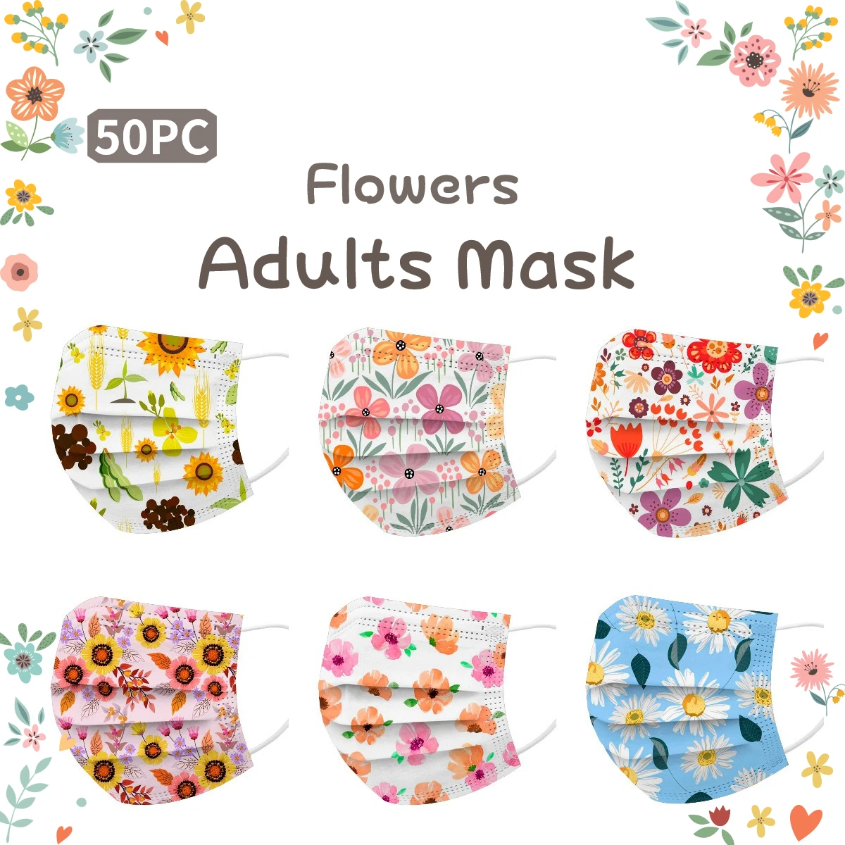 

Маска для взрослых одноразовая с цветочным принтом, Элегантная Дамская маска 3-слойная для косплея на Хэллоуин, 50 шт.