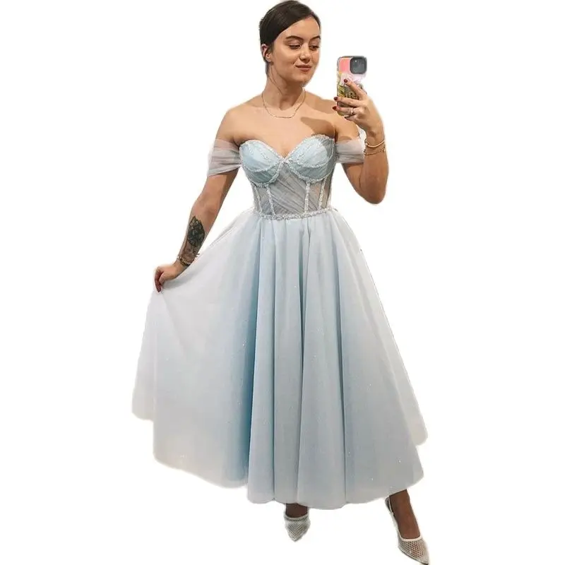

Formal Prom Dresses Off Shoulder Evening Dress Party Dress Tea Length A-Line Celebrity Cocktail Night Gowns Plus Size