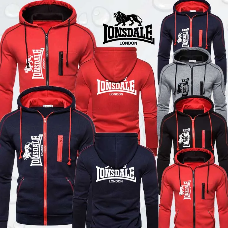 

Мужская толстовка с капюшоном и вертикальной молнией Lonsdale, однотонный кардиган с принтом, модная повседневная одежда для бега