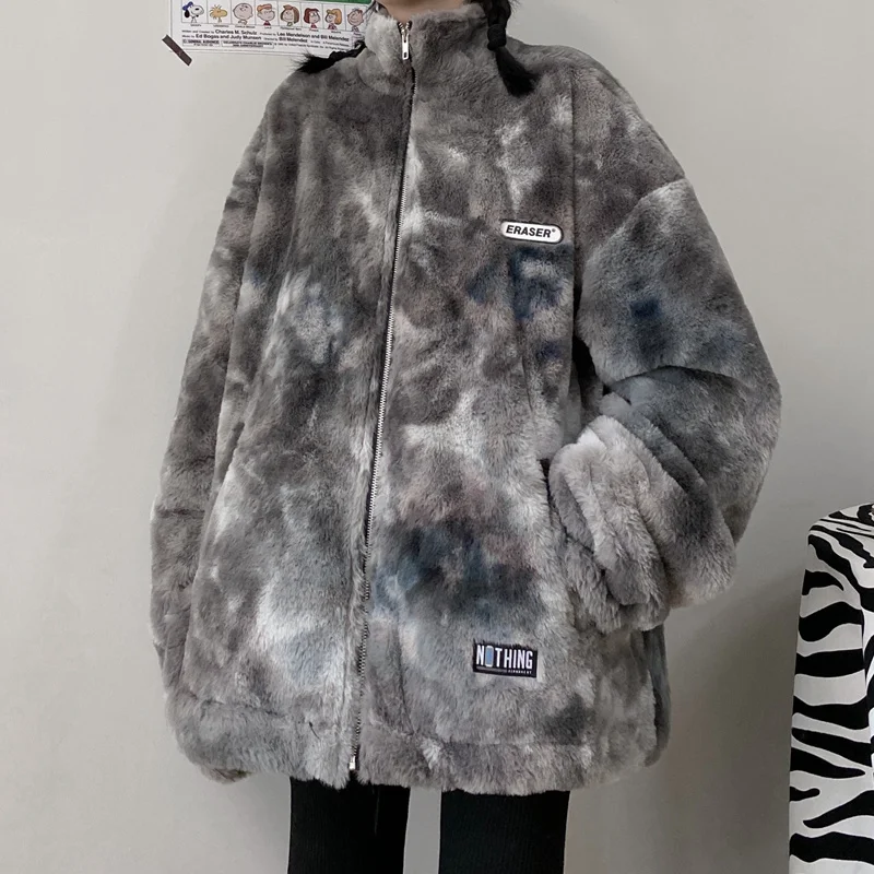 Cotton Padded Down Coat Women's 2021 Winter New Street Warm Fur Harajuku Tie Dyed Loose Thickened Jacket