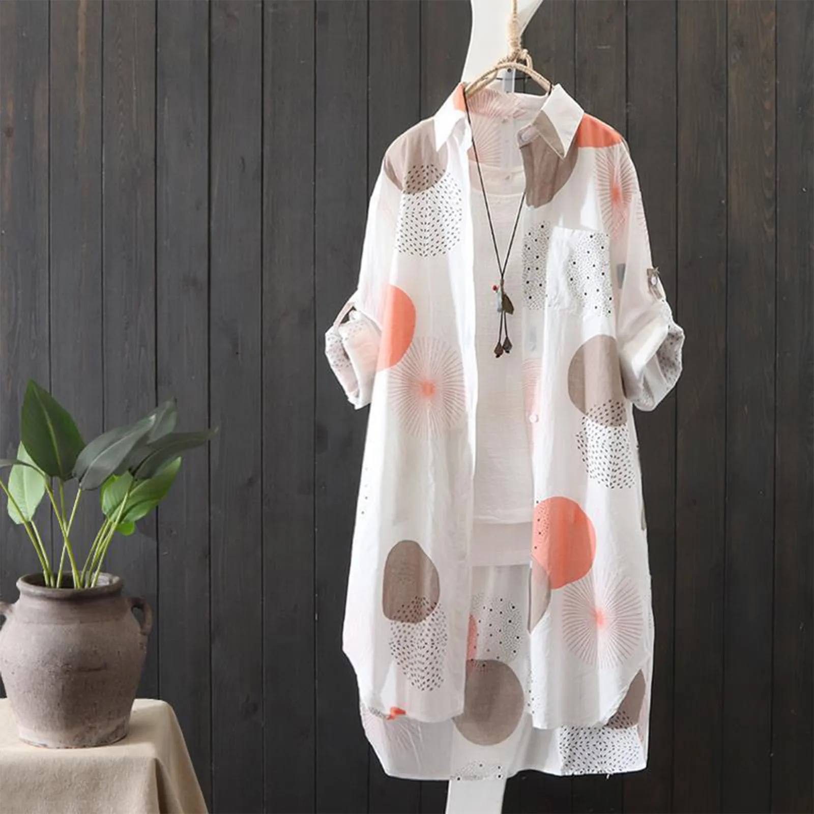 

Spring Summer 2022 Women Shirt Oversized Elegant Dot Printed Long Sleeve Turn-down Collar Blouses Mid-length Cardigan Coat#g3