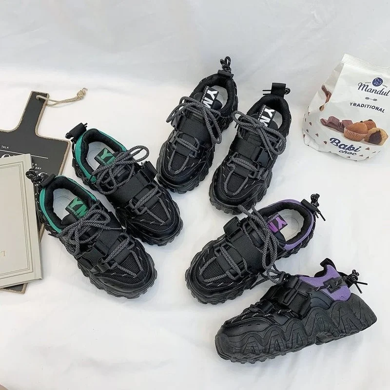 Fashion Buckle Chunky Sneakers Women 2022 Breathable Mesh Thick Sole Platform Sneakers Woman Lace Up Running Casual ShoesWomen's
