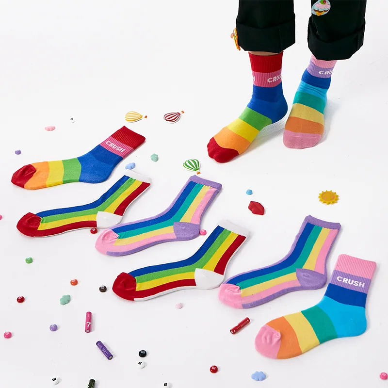 

Fashion Rainbow Striped Candy Colors cotton socks Girls College style sock Classic Warm Casual Tide Harajuku funny art warm sox