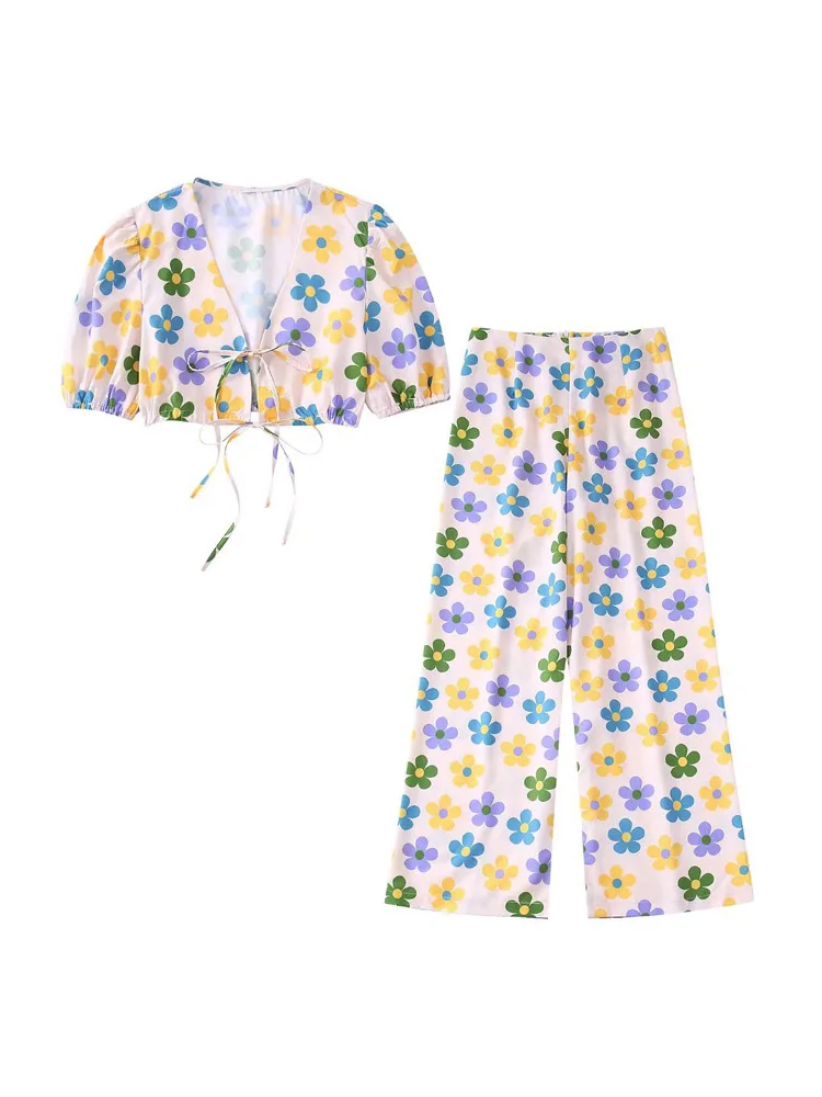 

2022 Summer Women 2 piece sets Suits Vintage Print Short Blouses Tops and Trousers Female Sweet Street Suit Clothing
