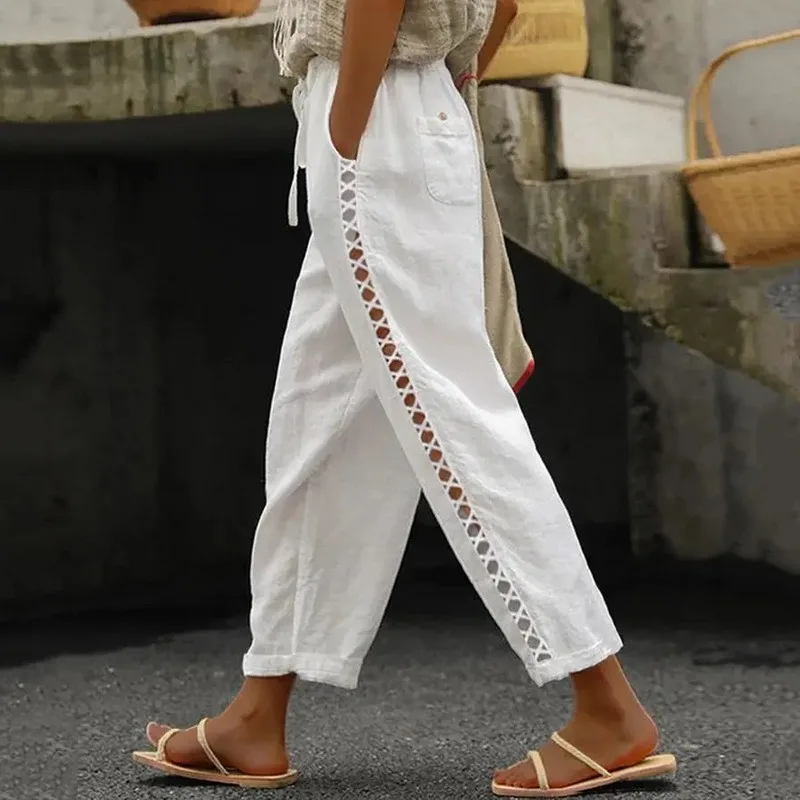 

Винтажные простые хлопковые льняные брюки в стиле Харадзюку, женские сексуальные кружевные дизайнерские брюки с боковым вырезом, новые весенне-летние спортивные брюки с карманами и завязками