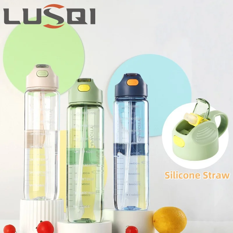 LUSQI 1 шт. большая емкость 1000 мл бутылка для воды с силиконовой соломой и шкалой