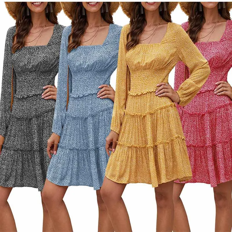 

2022 New Speed Floral Waist Tie Waist Long Sleeve Dress Women