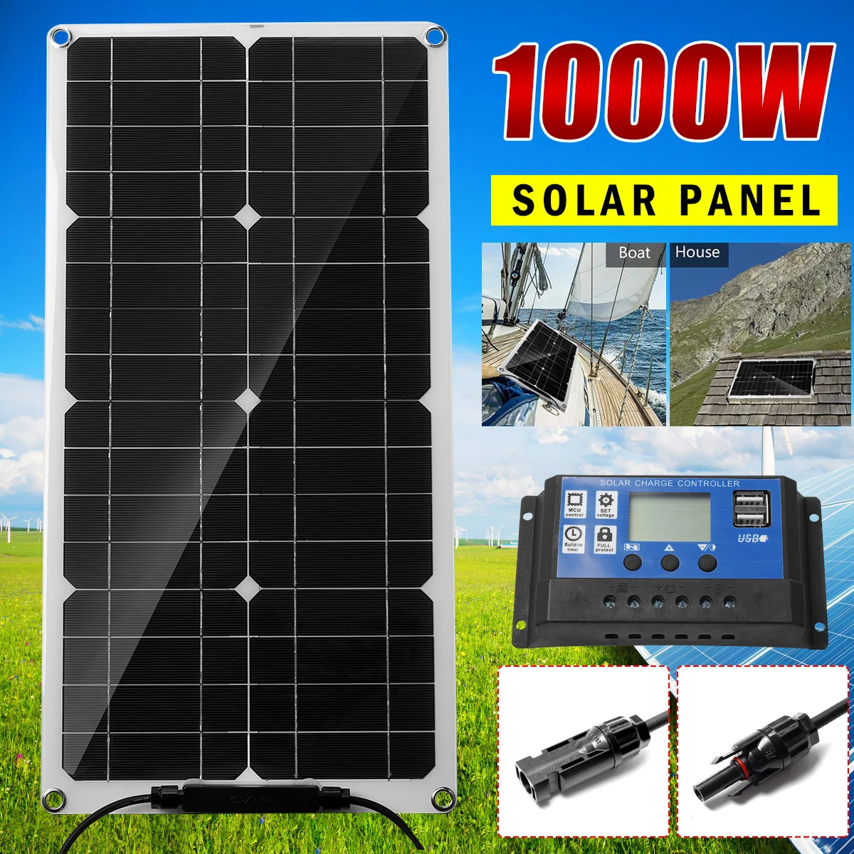 

1000W Solar Panel Kit 12V USB Charging Solar Cell Board for Phone RV Car MP3 PADWaterproof Outdoor Battery Supply 30A Controller