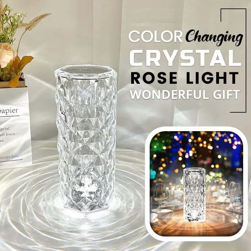 Crystal Table Lamp Rose Light Lamp with Touch Control 16 Colours Changing USB-C Chargeable LED Nightstand Lamps for Desk