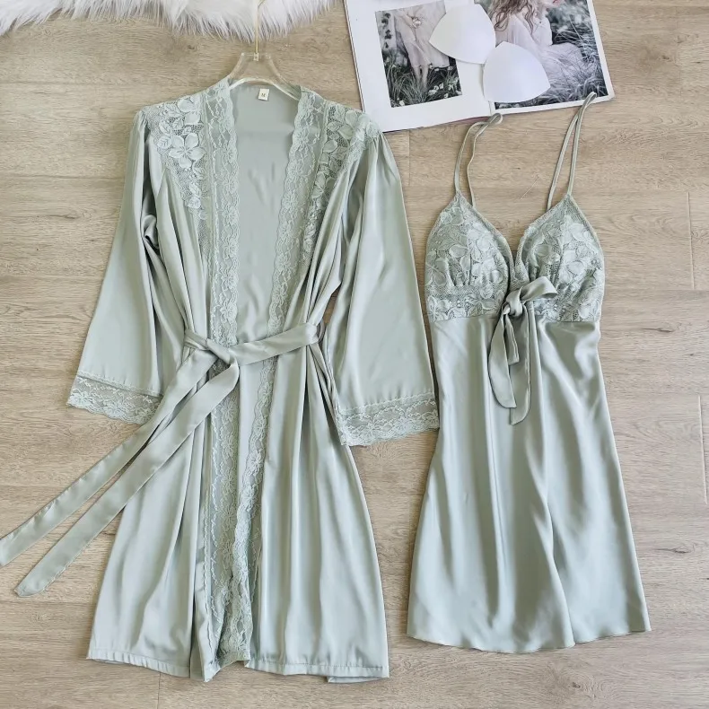 

2PCS Women Kimono Robe Gown Sets Pajamas Sexy V-Neck Nightdress Vest&Shorts Suit Pyjamas Lace Bow Bathrobe Sleepwear Home Wear