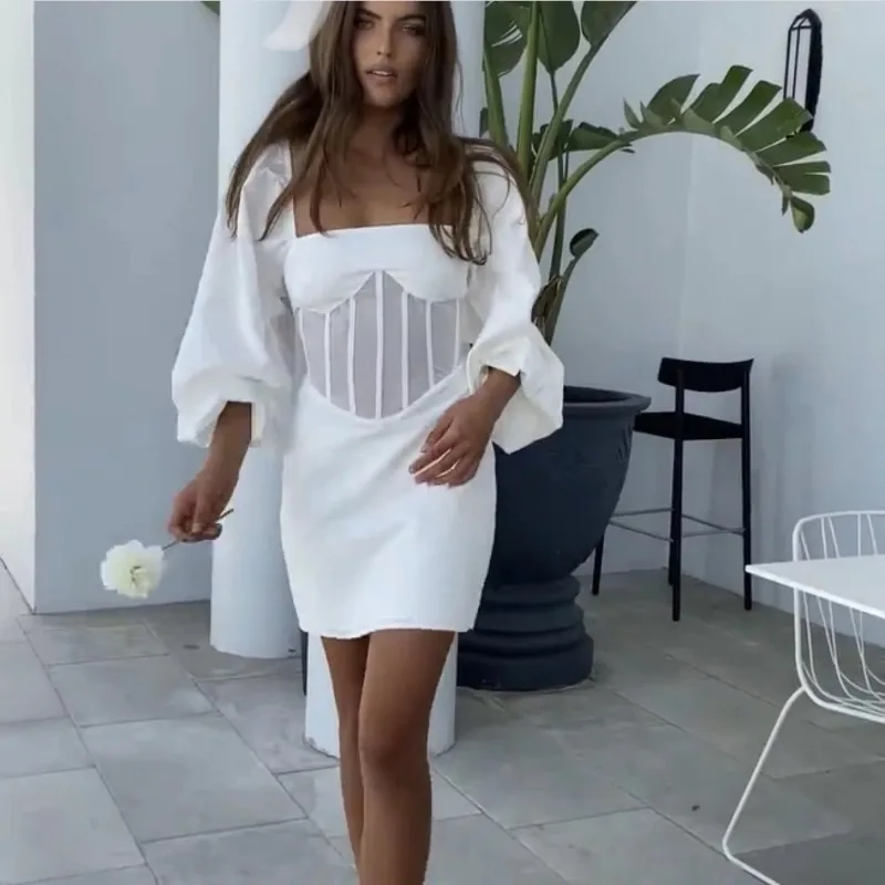 

Женское Сетчатое мини-платье с рукавами-фонариками, повседневное винтажное белое мини-платье в стиле пэчворк, весна 2022