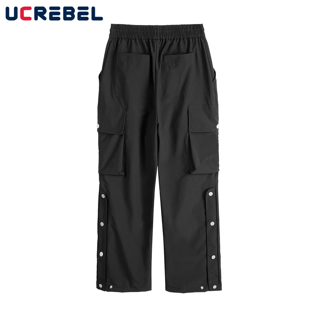 

Брюки мужские с эластичным поясом, функциональные свободные штаны с боковыми пуговицами снизу, повседневные Прямые Штаны с множеством карманов, на завязках