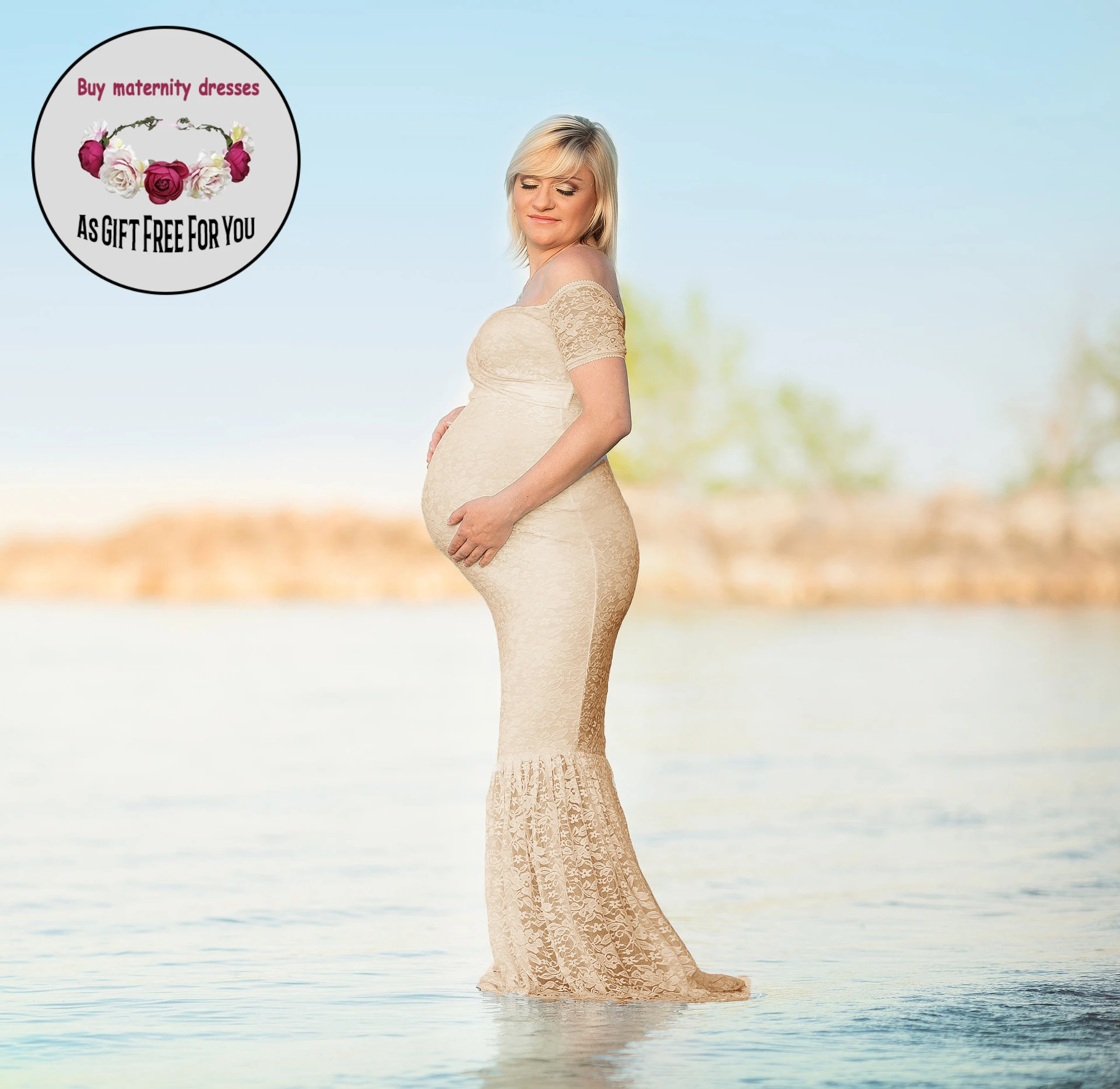 

Women Deep V-neck Mermaid Maternity Dress for Photography Props Short Sleeve Lace Maxi Gown Photo Shoot Pregnant Dress