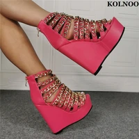 kolnoo new classic style handmade women wedges heels sandals chains big size us5 us15 sexy platform evening fashion pink shoes