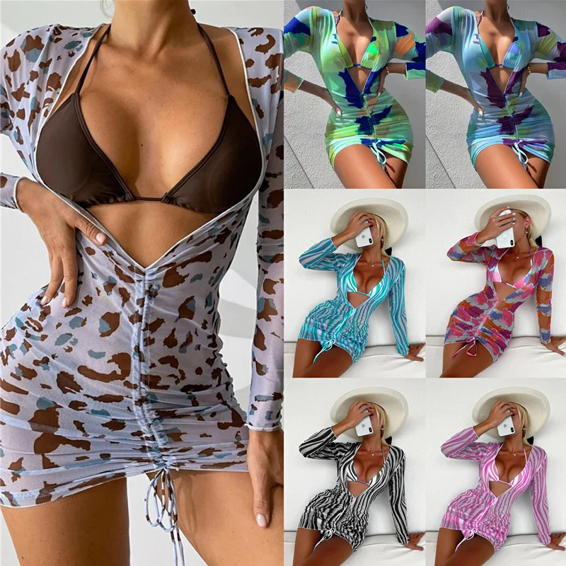 

Zoctuo Sexy Summer Beachwear 3 Piece Sets Women Deep V Neck Mini Dress + Bikini Sets Casual 2022 Bathing Suit Swimwear