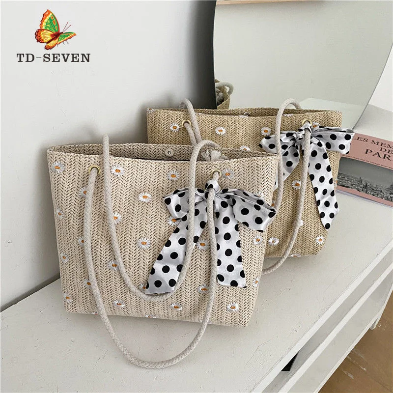 

Women Straw Beach Bag Women's Large Capacity Handbag Shoulder Bow Tie Daisy Embroidery Woven Tote Bag Hemp Rope Shoulder Strap
