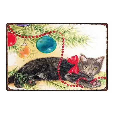 

Retro Vintage Metal Tin Sign Christmas Cute Cat Home Bar Kitchen Bedroom Wall Decor Sign 12X8Inch