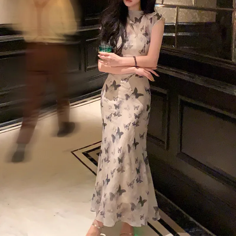 Женское платье-Ципао без рукавов Элегантное длинное шелковое платье с