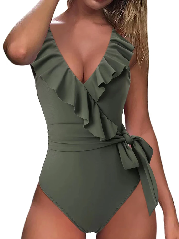 

V-neck Ruffle One Piece Swimsuit 2022 New Plus Size Swimwear Women Bow-knot Bathing Suits Summer Beach Wear Monokini Bathers