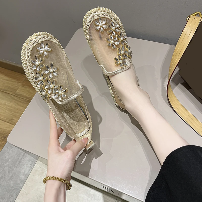 

Mesh Crystal Floral Loafers Shoes Women Comfort Breathable Summer Walking Shoes Woman Fashion Ballet Flats Shoes for Women