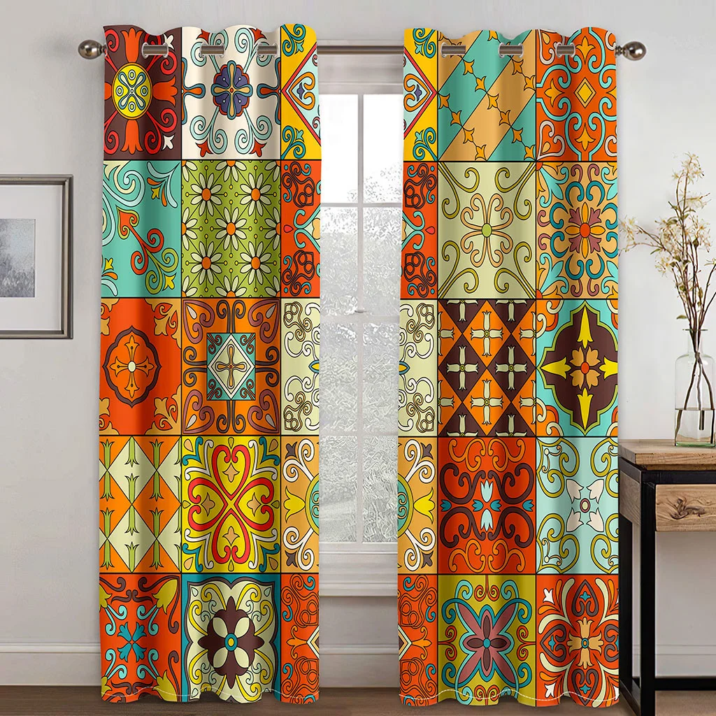 Vintage Moroccan Tile Pattern Curtains 2 Panels Boho Mediterranean Style Window Drapes Living Room Bedroom Home Decor